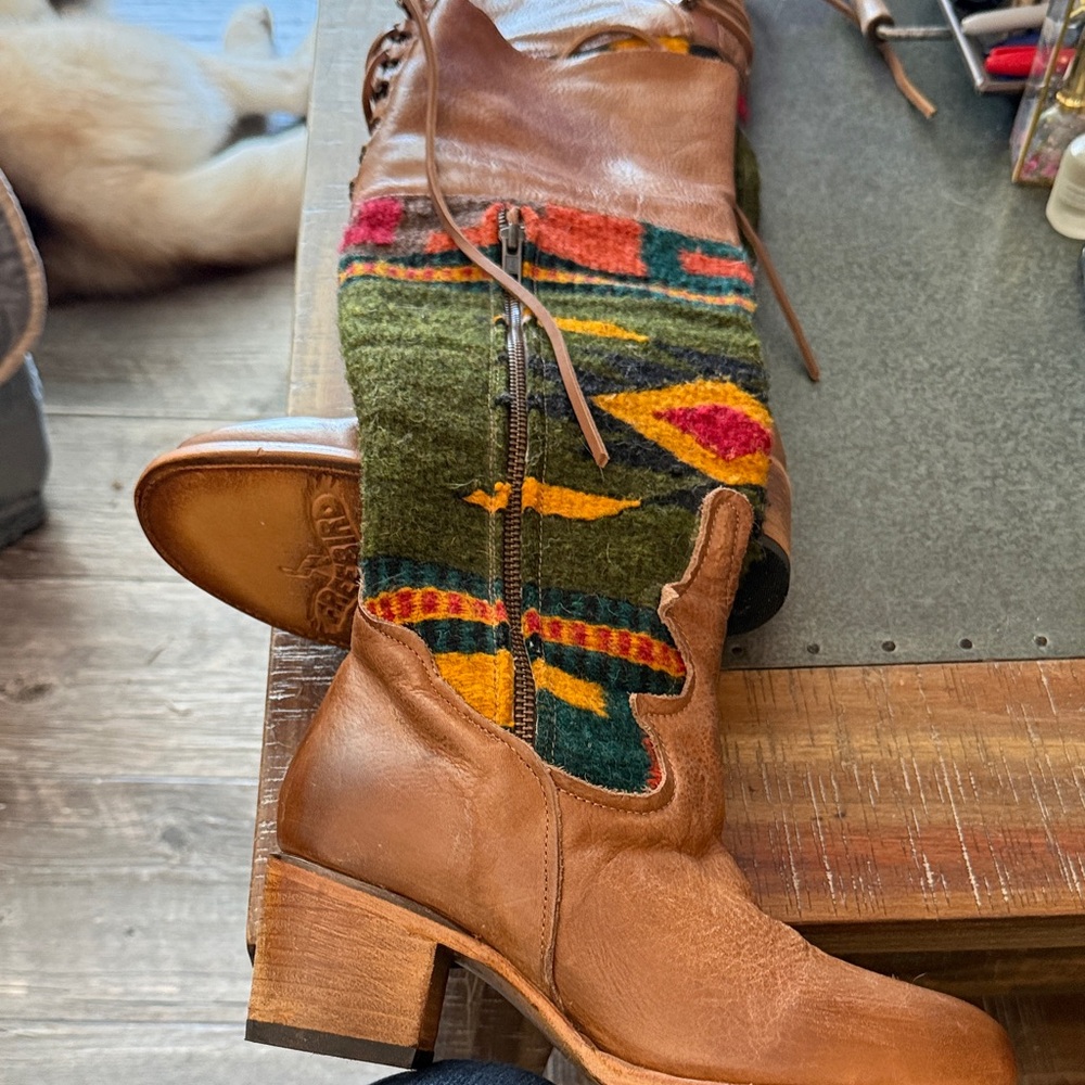 Freebird Tan Leather Boots with Multicolor Pattern